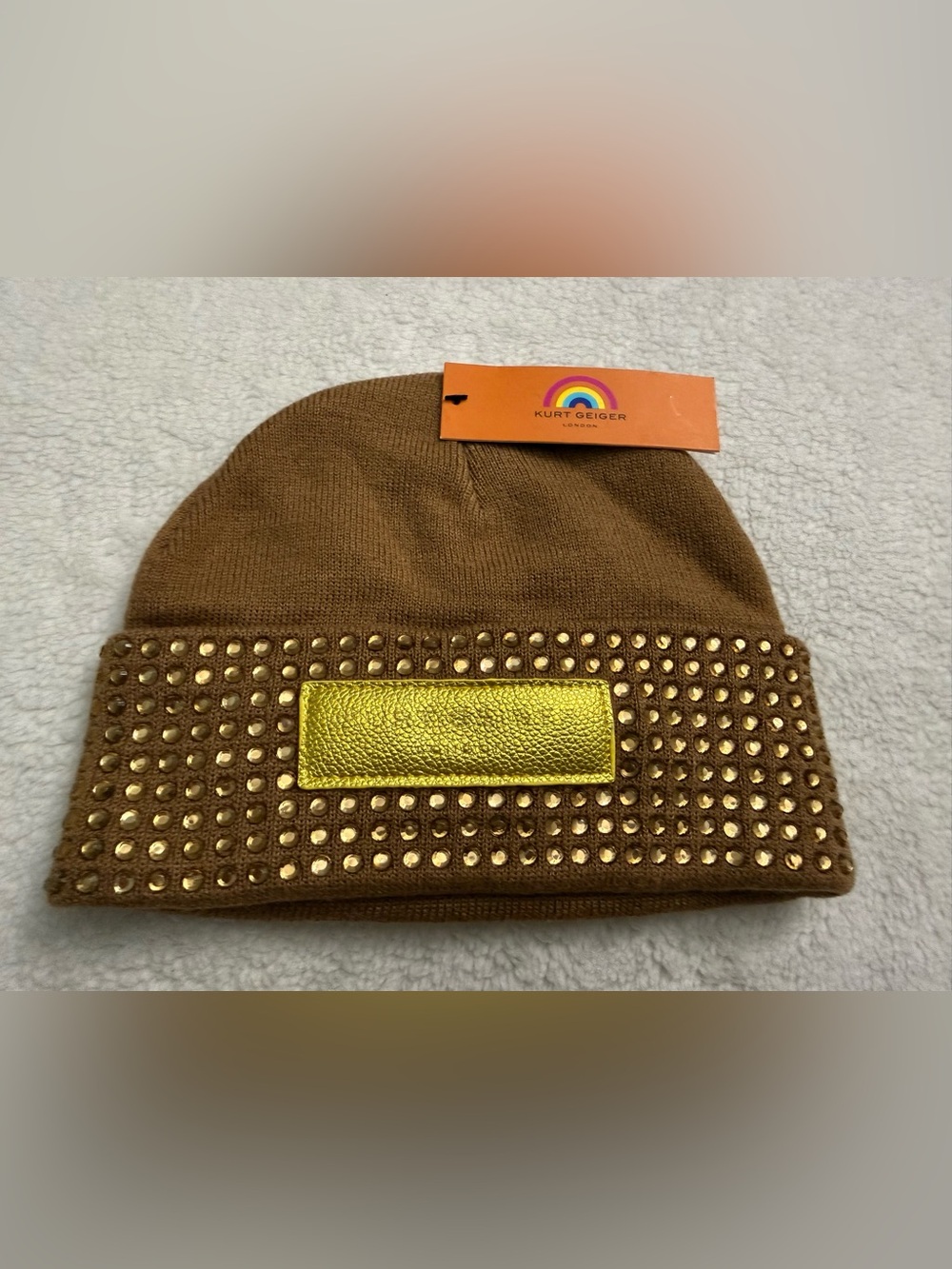 Kurt Geiger Brown Beanie with Gold Plaque and Studs